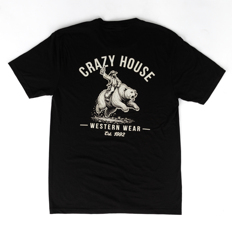 Crazy House Short Sleeve Black Cowboy Riding Bear T-shirt 