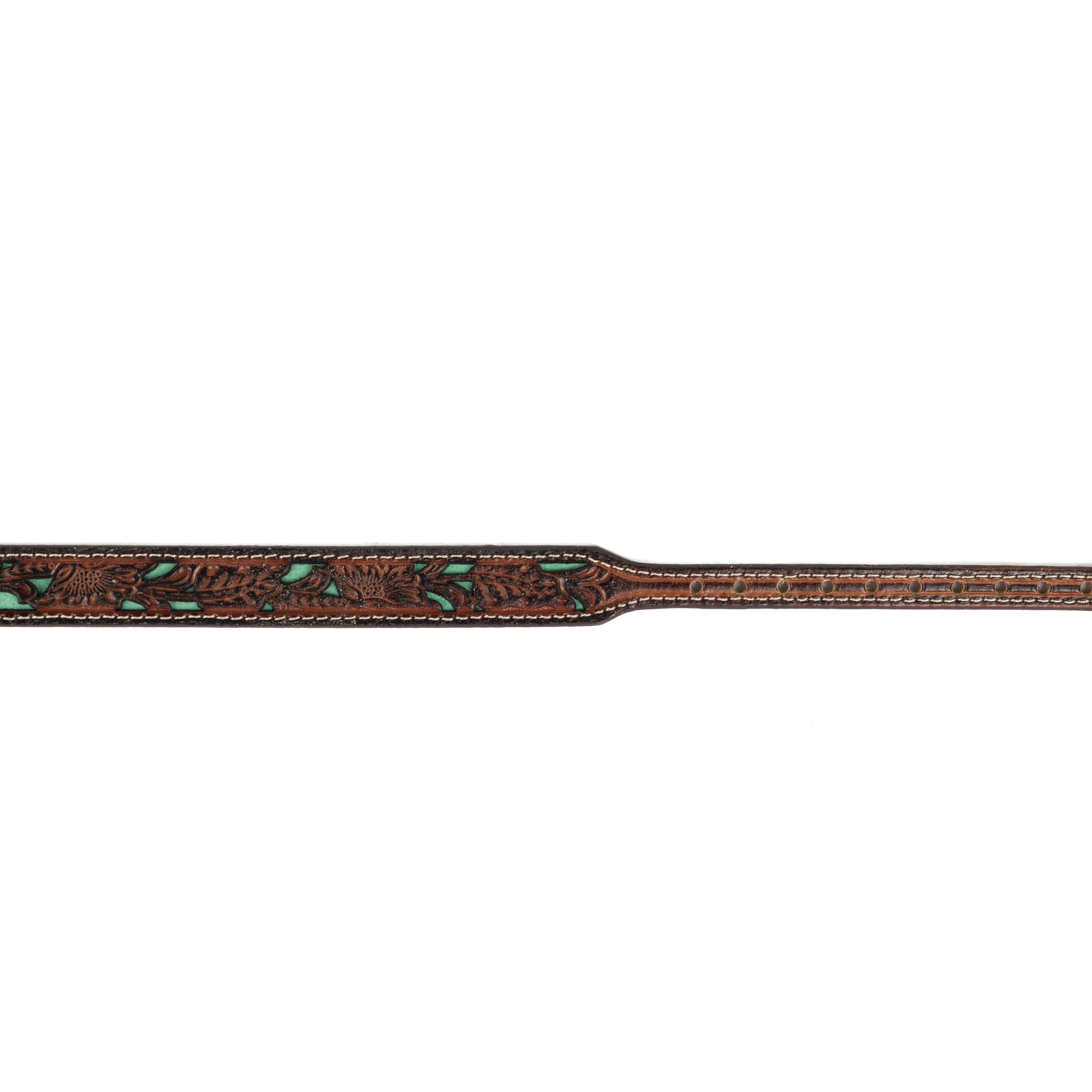 Dark Brown Leather Tooled Hat Band with Teal Underlay 