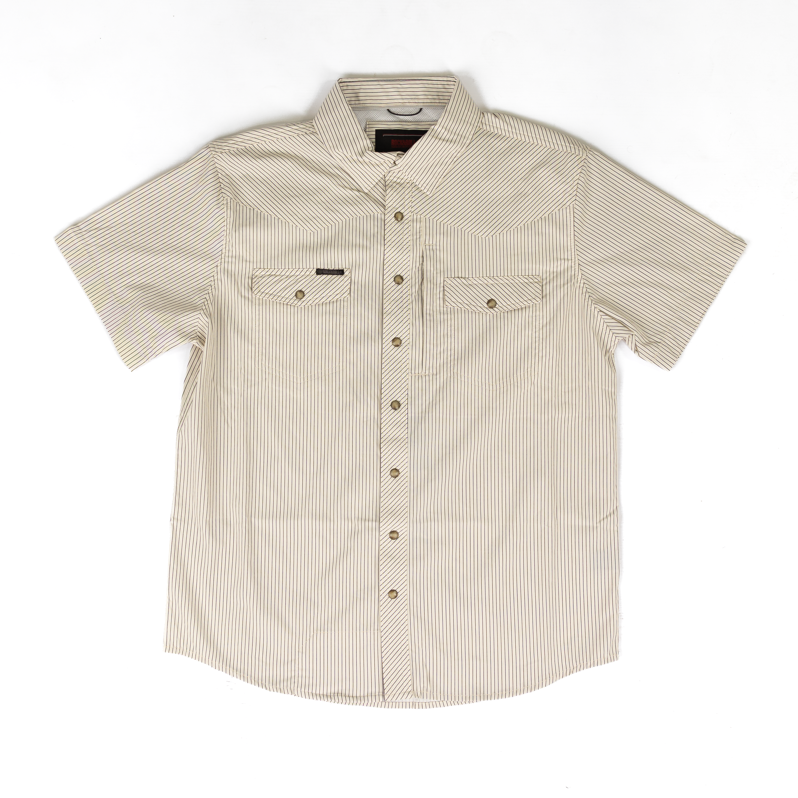 Rock and Roll Men's Short Sleeve Tek Core Tan Striped Snap Shirt BMN3S09907