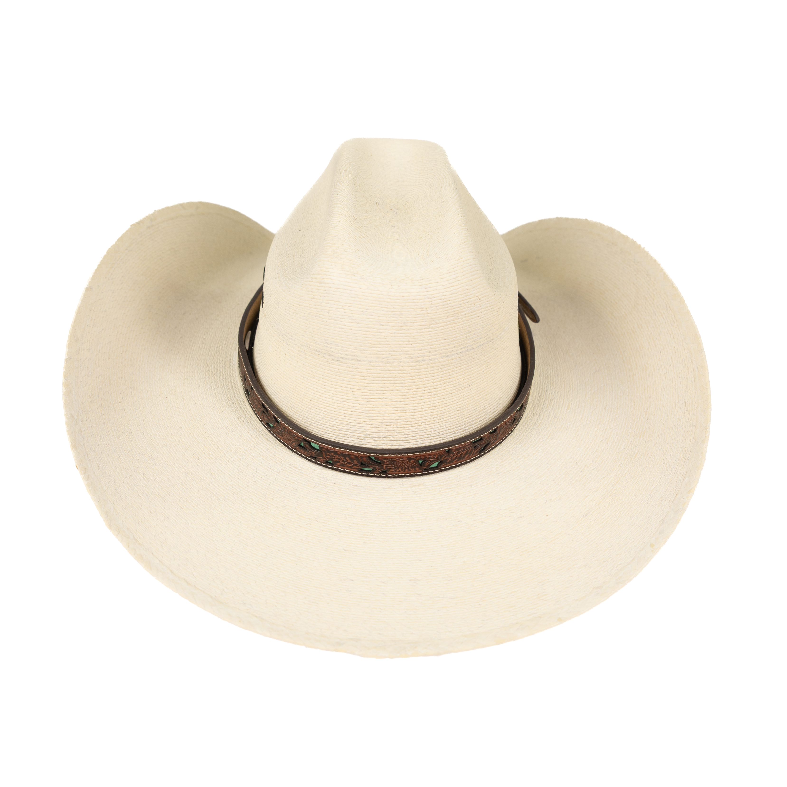 Dark Brown Leather Tooled Hat Band with Teal Underlay 