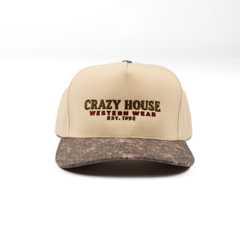 Crazy House Camo and Natural Snapback with Green and Red Stitching