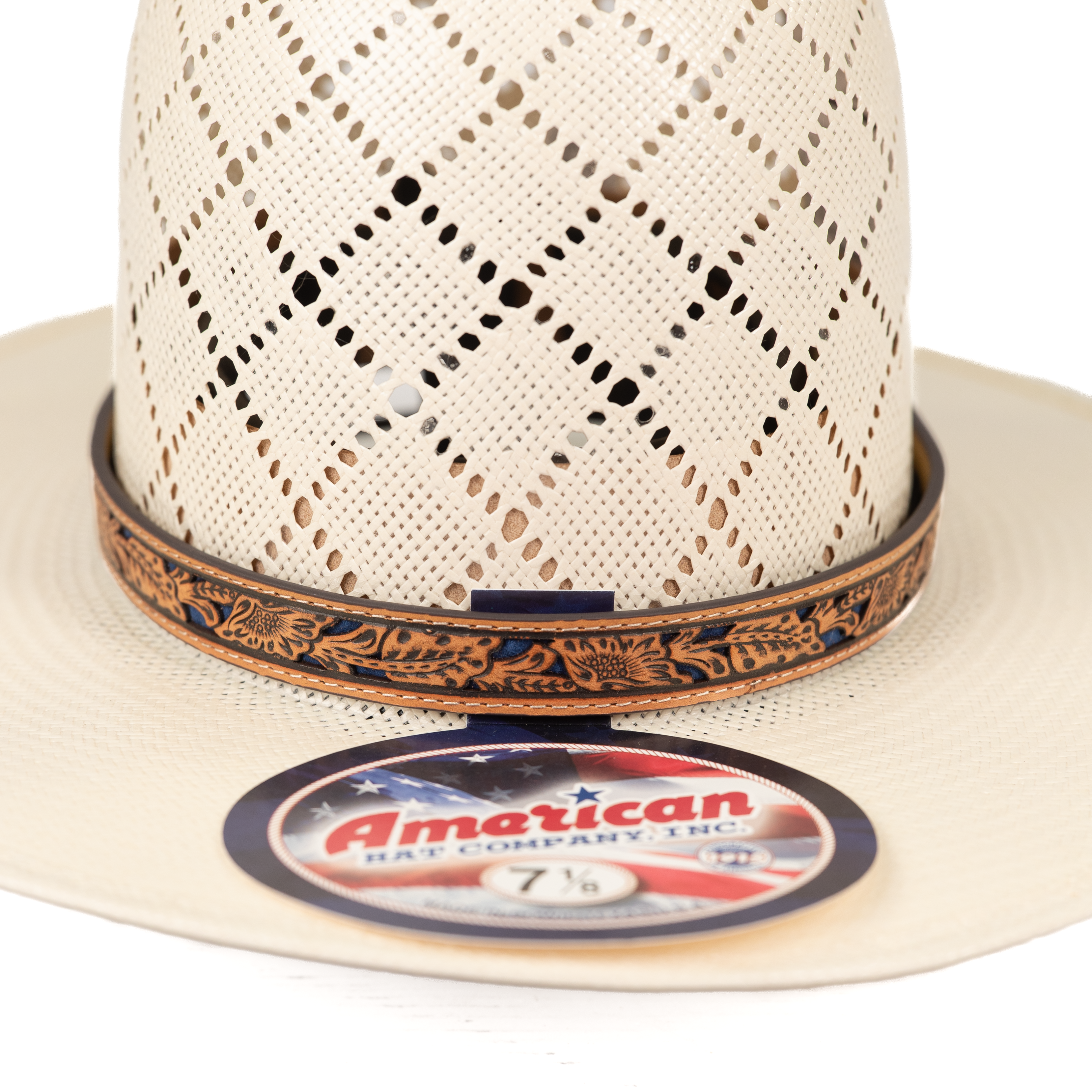 Leather Tooled Hat Band with Blue Underlay