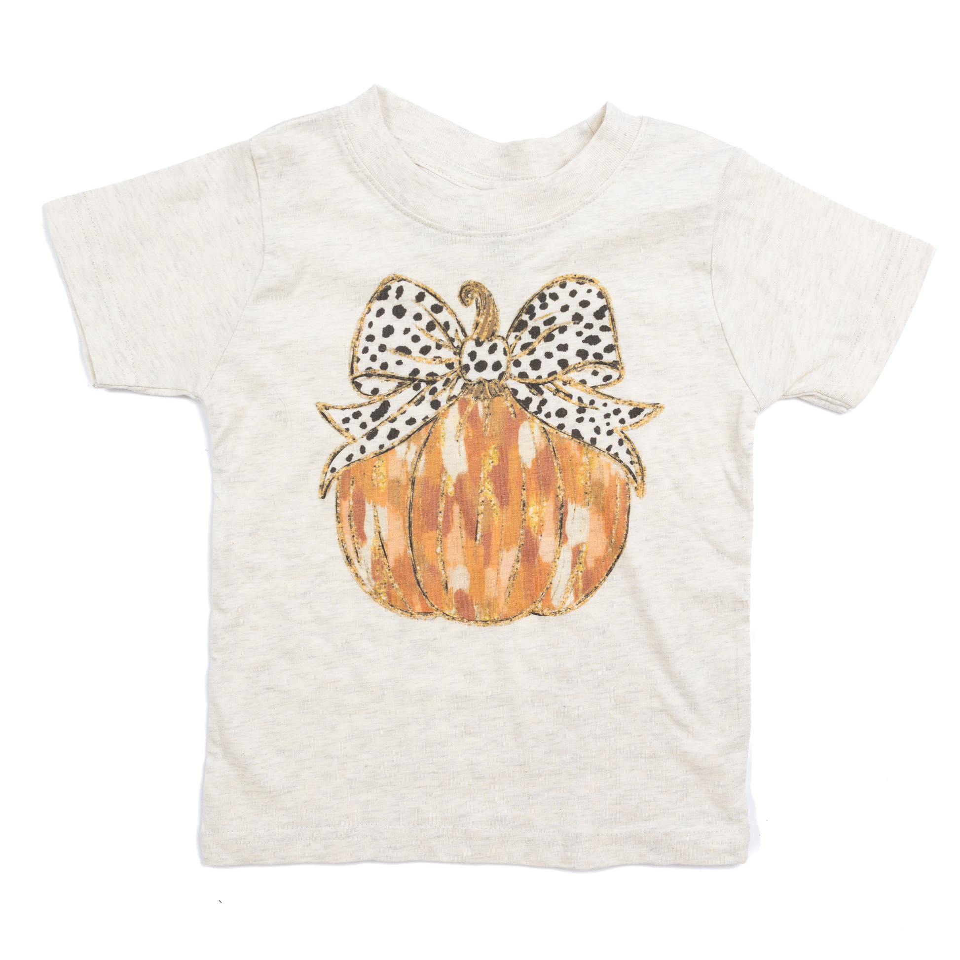 Girl's Beige Dot Pumpkin Bow Short Sleeve T-shirt