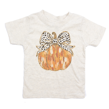 Girl's Beige Dot Pumpkin Bow Short Sleeve T-shirt