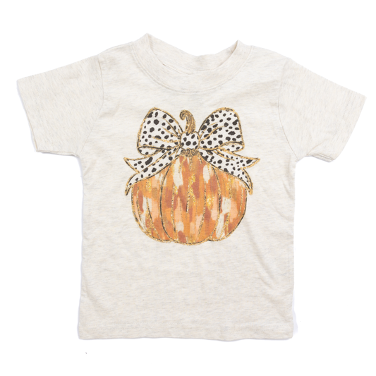 Girl's Beige Dot Pumpkin Bow Short Sleeve T-shirt