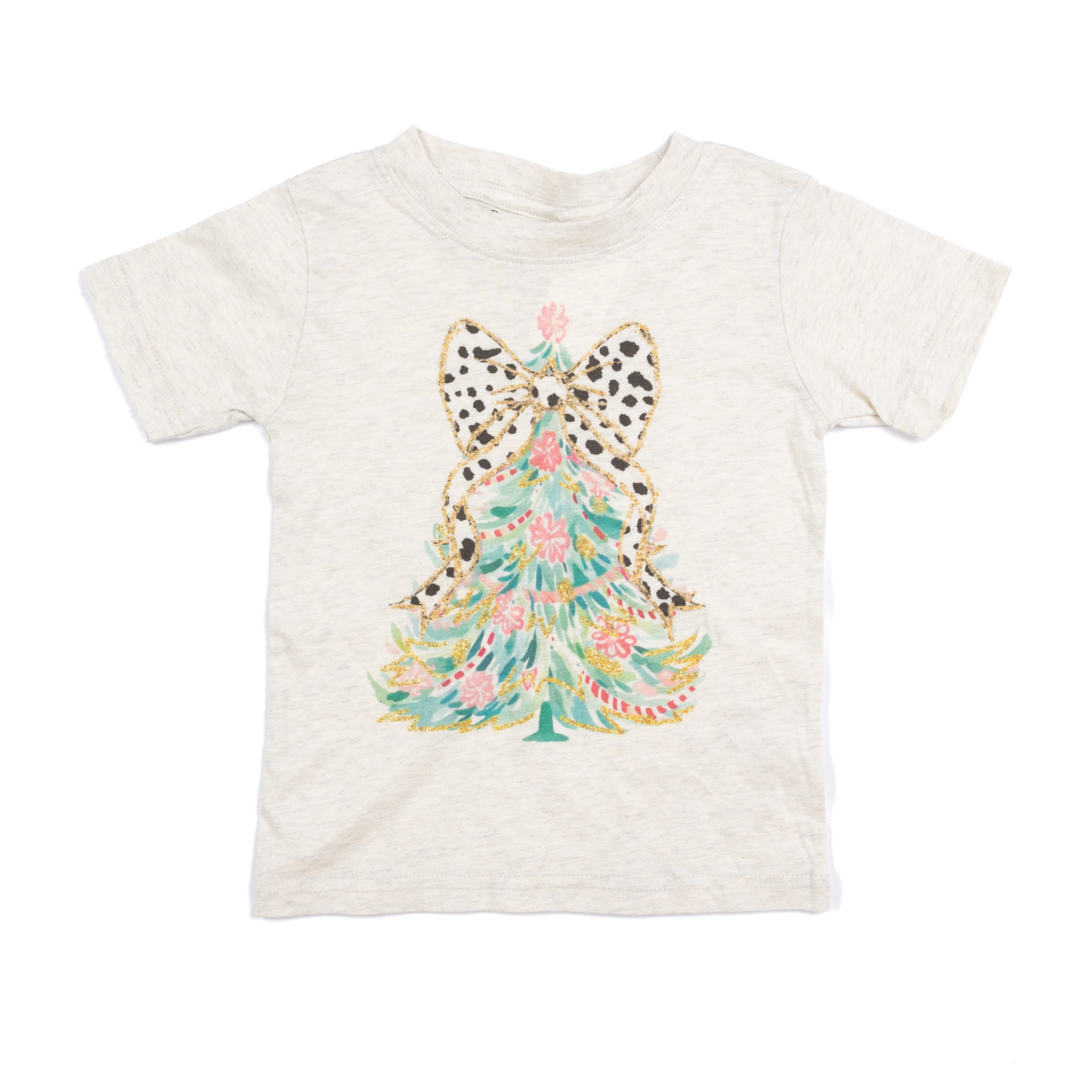Girl's Beige Dot Bow Christmas Tree Short Sleeve T-shirt