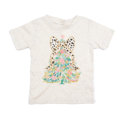 Girl's Beige Dot Bow Christmas Tree Short Sleeve T-shirt