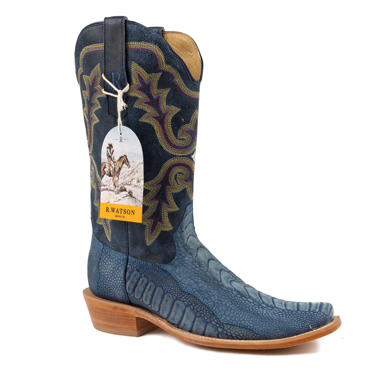 R. Watson Men's Blue Jean Ostrich Leg Cutter Toe Boots RW4800-1