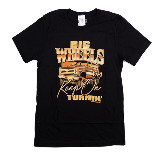 Women's Rodeo Hippie Black Graphic "Big Wheels" T-shirt
