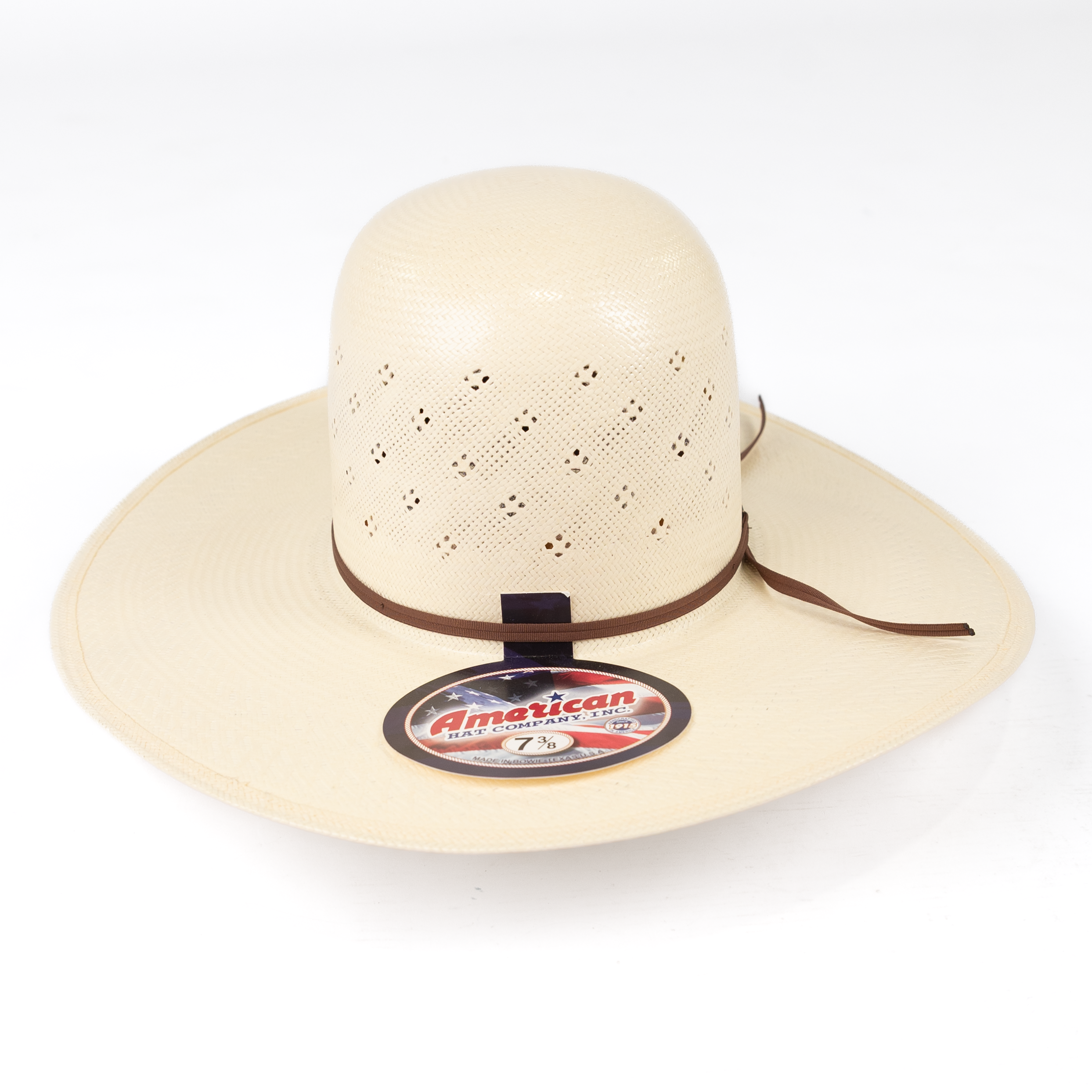 Beige wide-brimmed hat with a brand logo on a white background