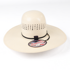 Beige wide-brimmed hat with a black band and American label on a white background