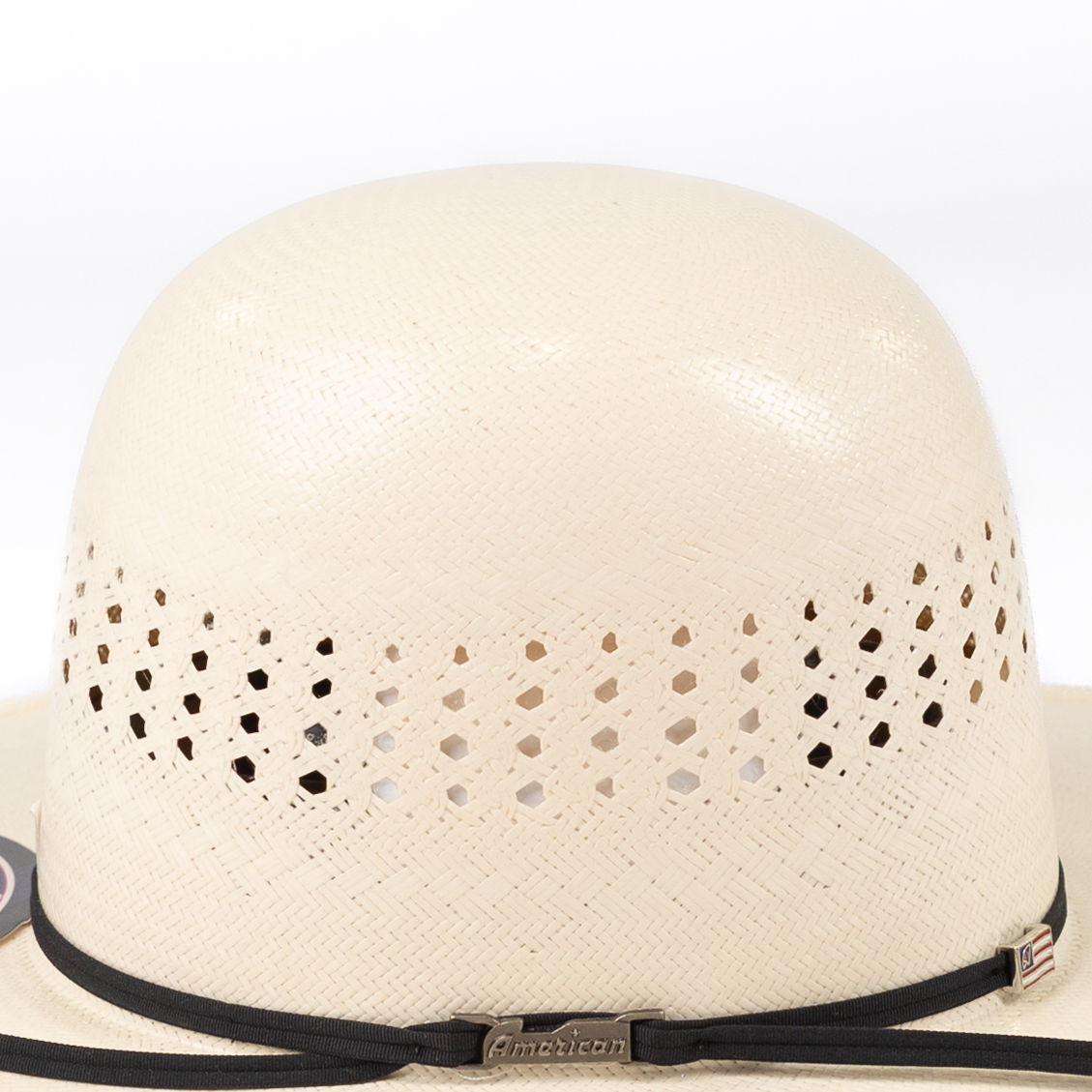 Beige straw hat with black band and 'American' branding on a white background