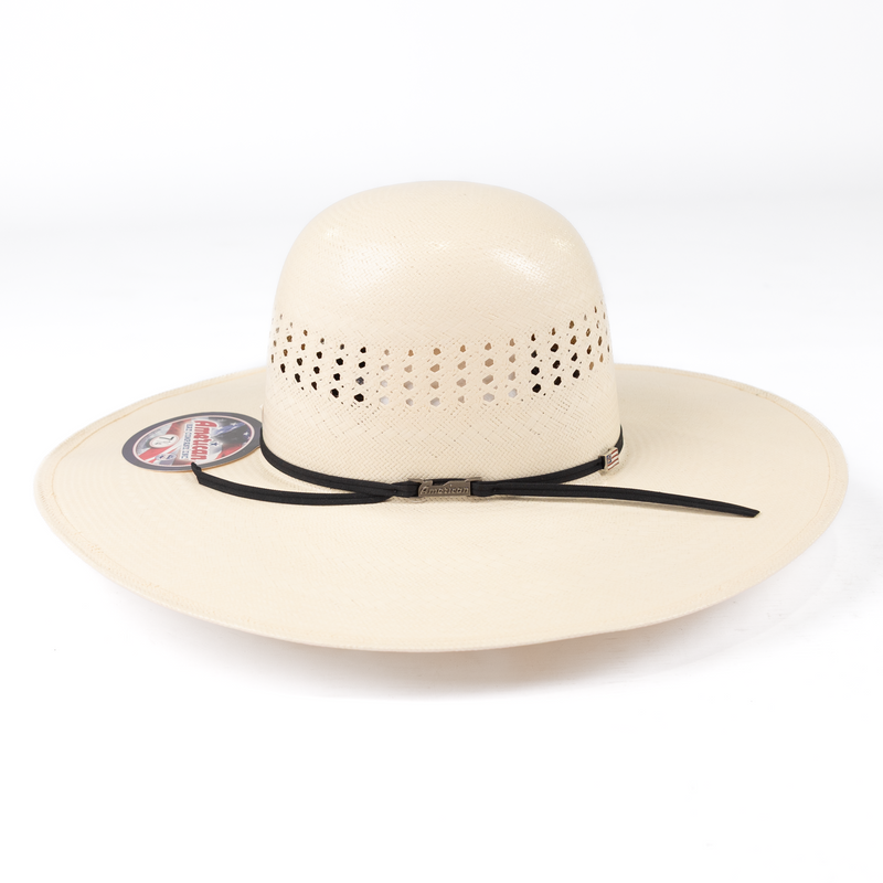 Beige sun hat with a black band on a white background