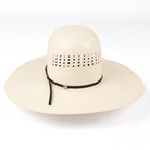 Beige straw hat with wide brim and black band on a white background