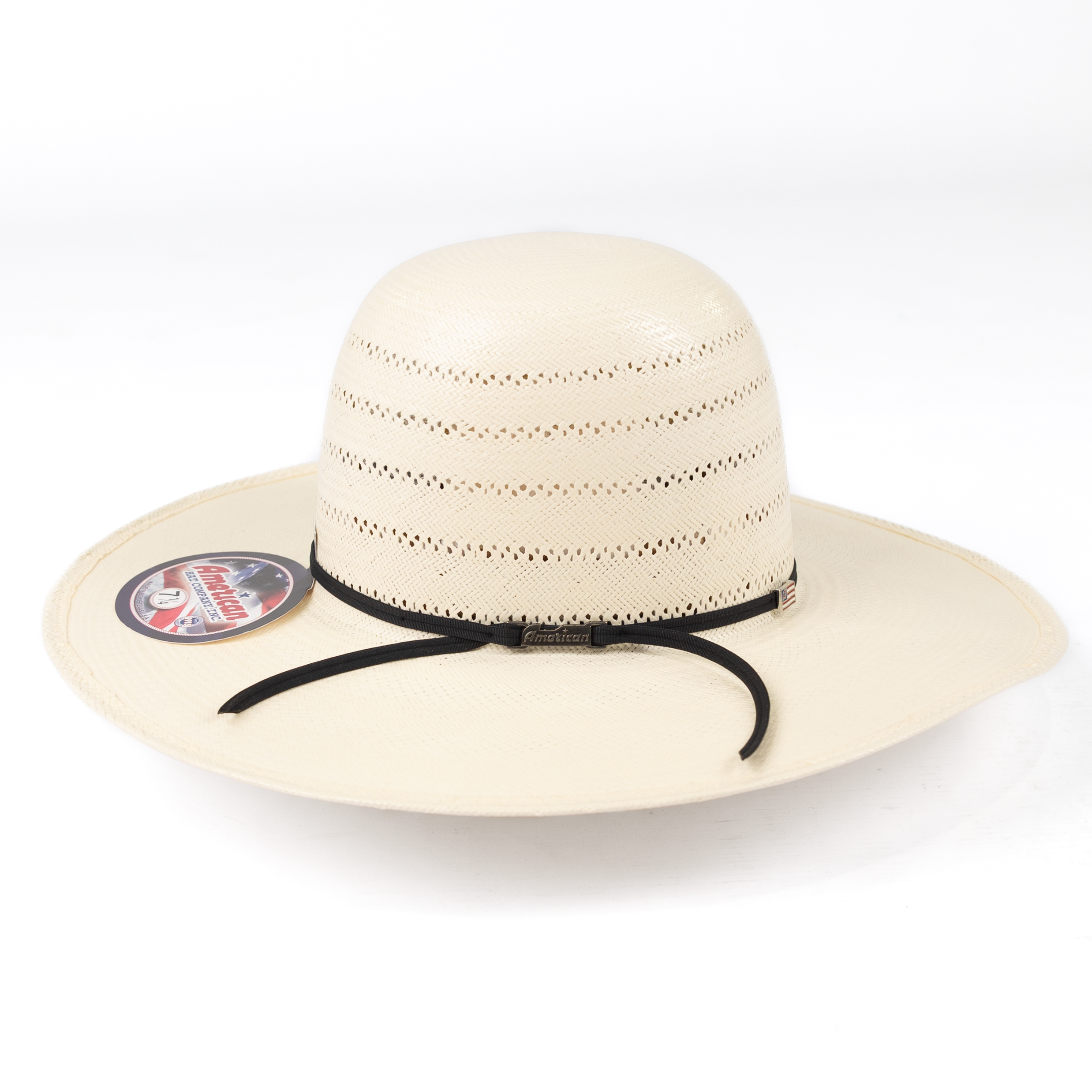 Beige straw hat with a black band on a white background
