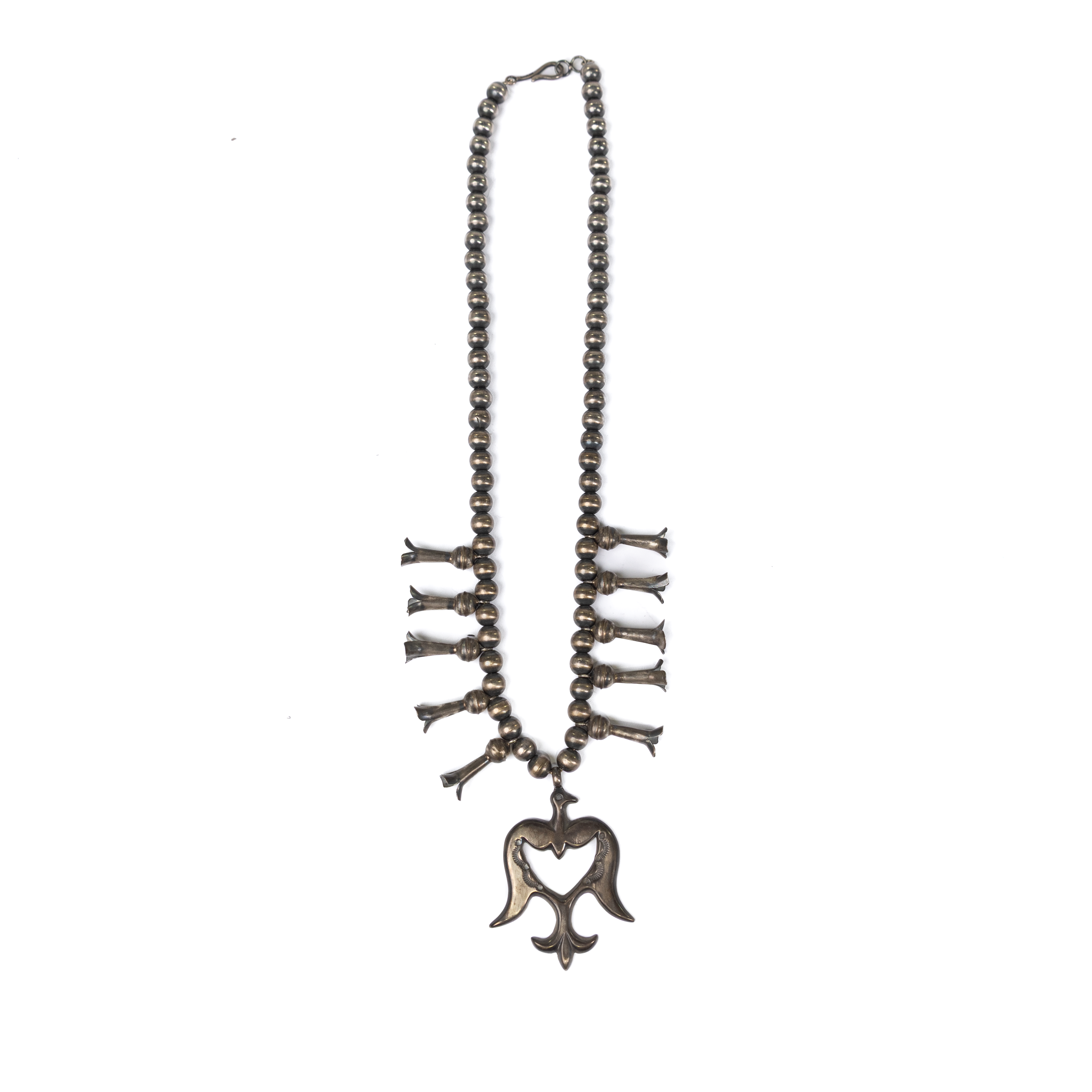 Women's Bilagaanas Handmade Silver Navajo Pearl Thunderbird Heart Necklace 