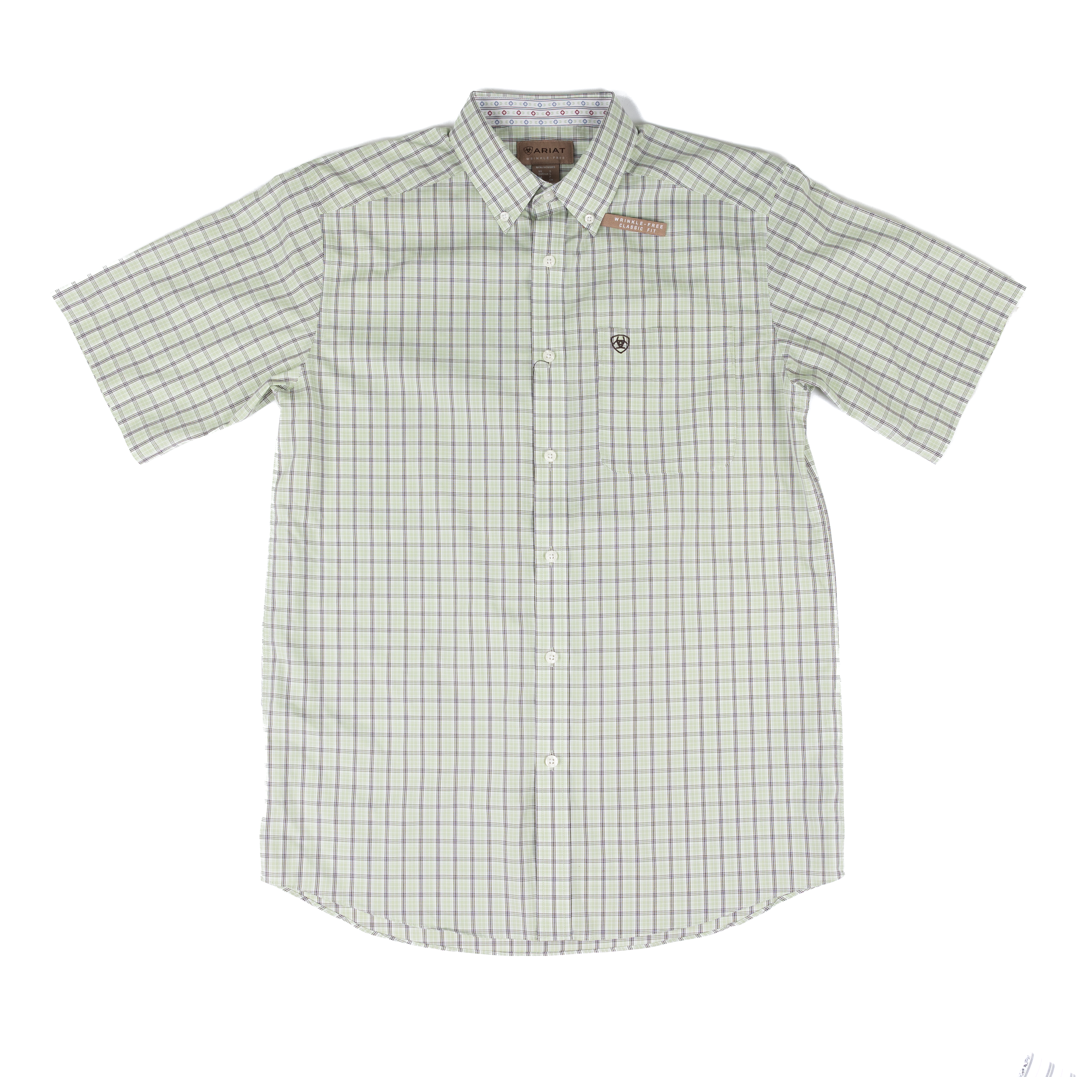 Men's Ariat Short Sleeve Green Plaid Wrinkle Free Classic Fit Shirt 10073695