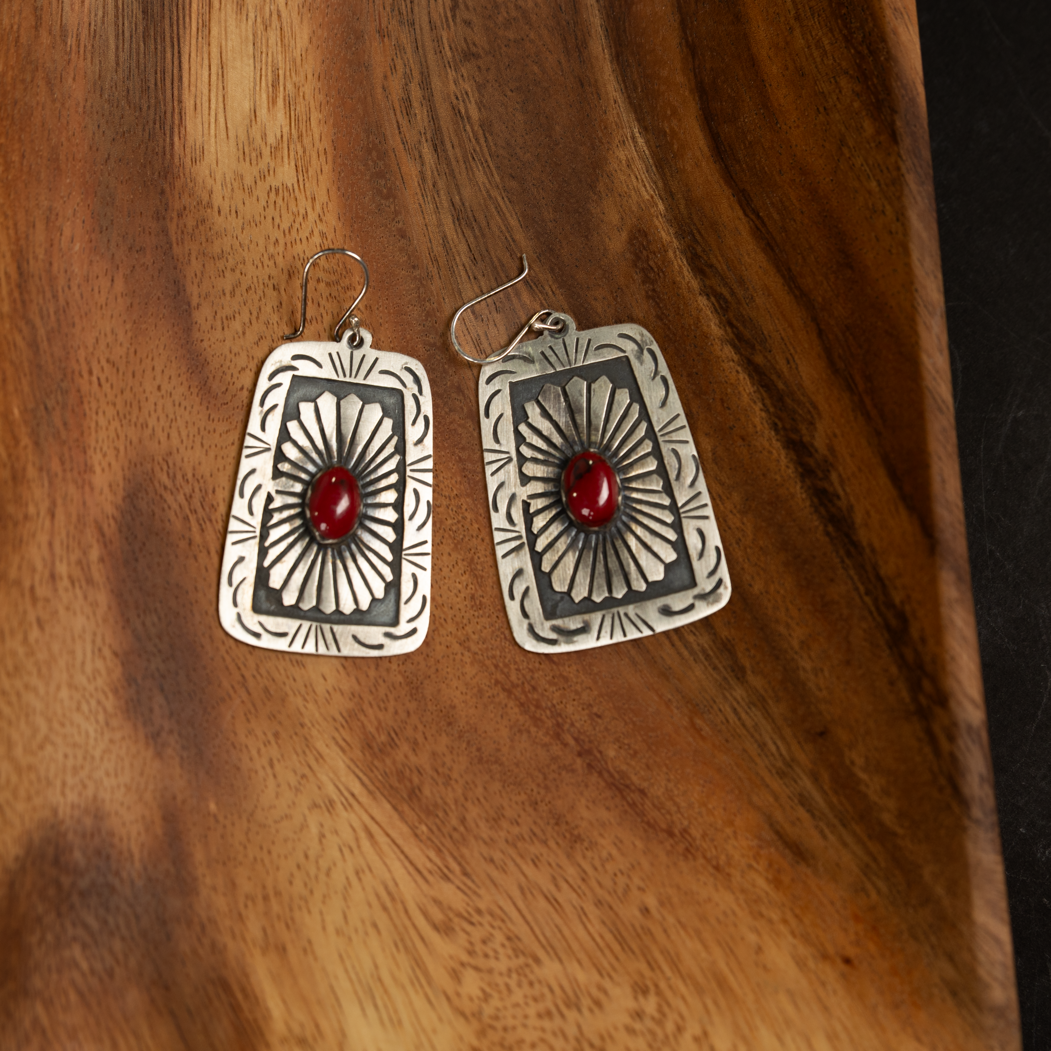 Women's Handmade Silver and Red Matte Concho Dangle Earrings 