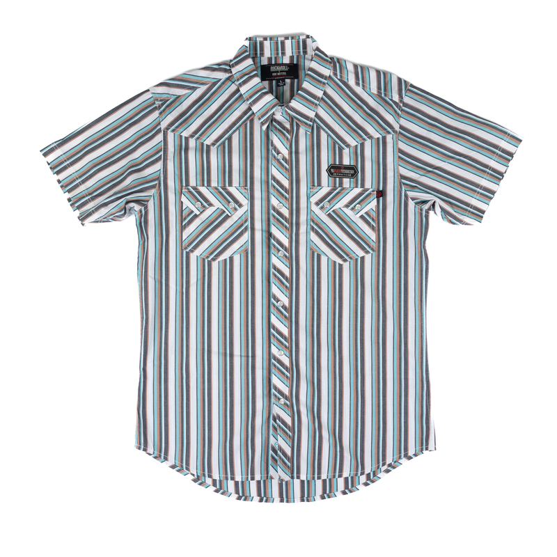 Men's Rock and Roll X Koe Wetzel Short Sleeve Turquoise Stripe Pearl Snap BMN3S09067