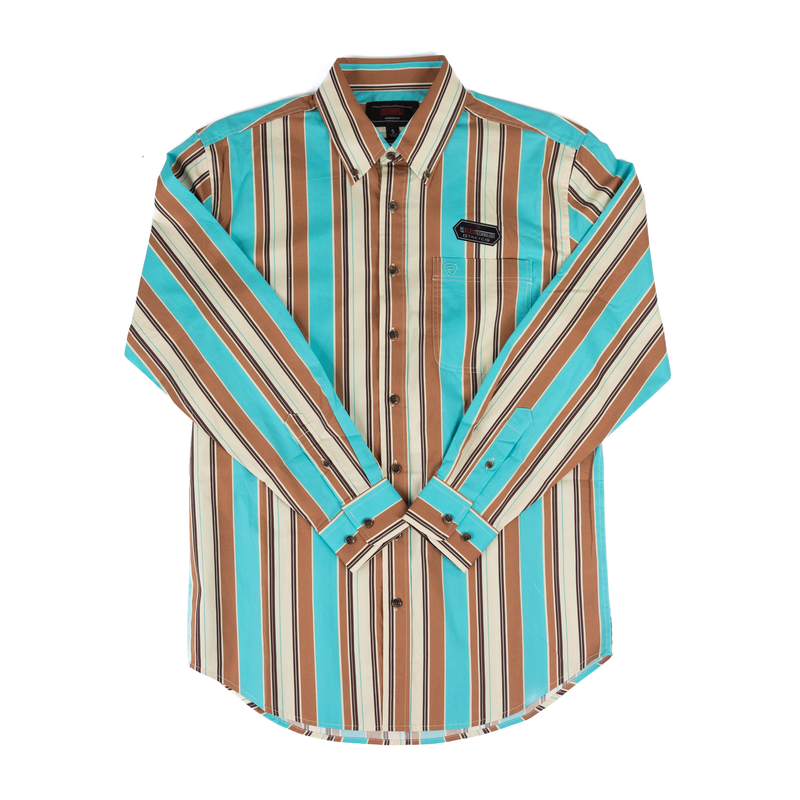 Men's Rock and Roll Long Sleeve Turquoise and Brown Striped Printed Button Up BMB2S08652
