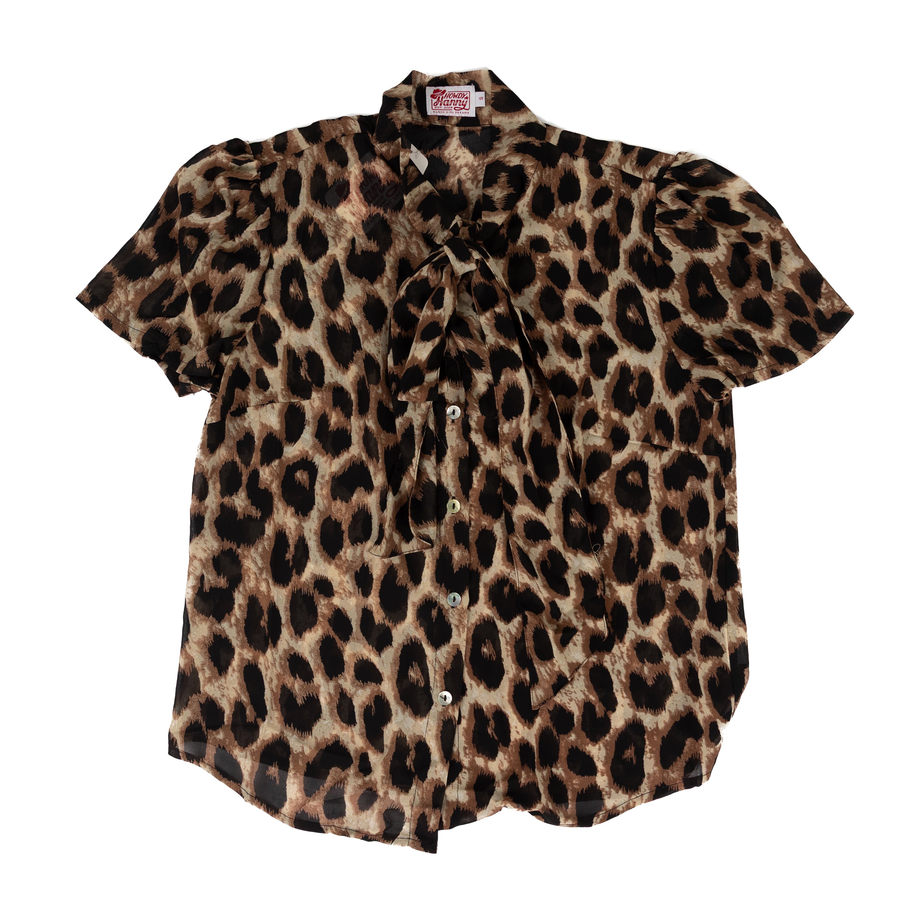 Howdy Hanny Women's Short Sleeve Leopard Print Tie Blouse