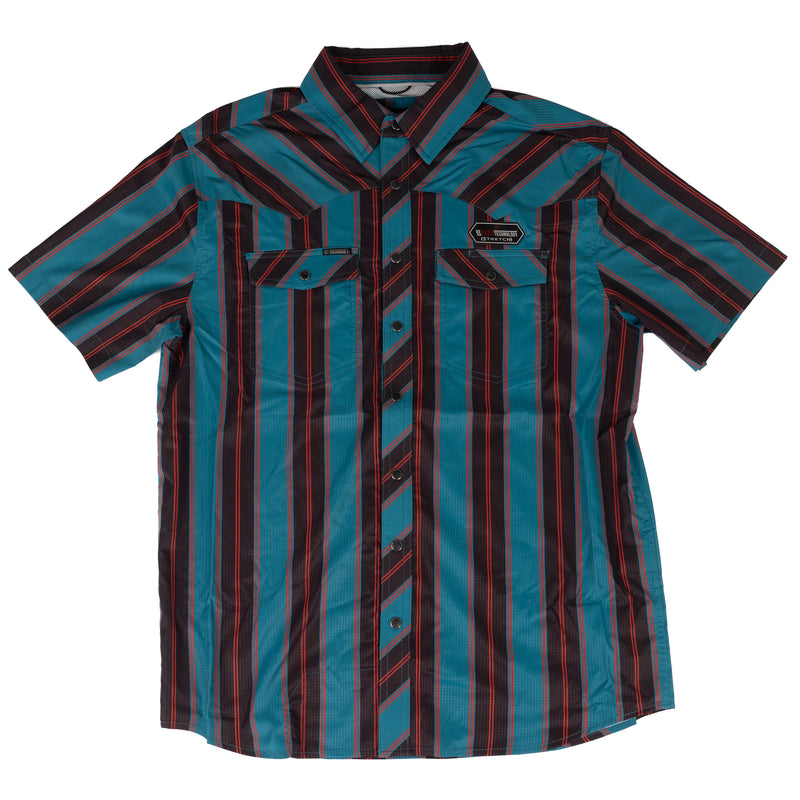 Rock and Roll Men's Short Sleeve Teal Striped Tek Snap Shirt BMN3S09453