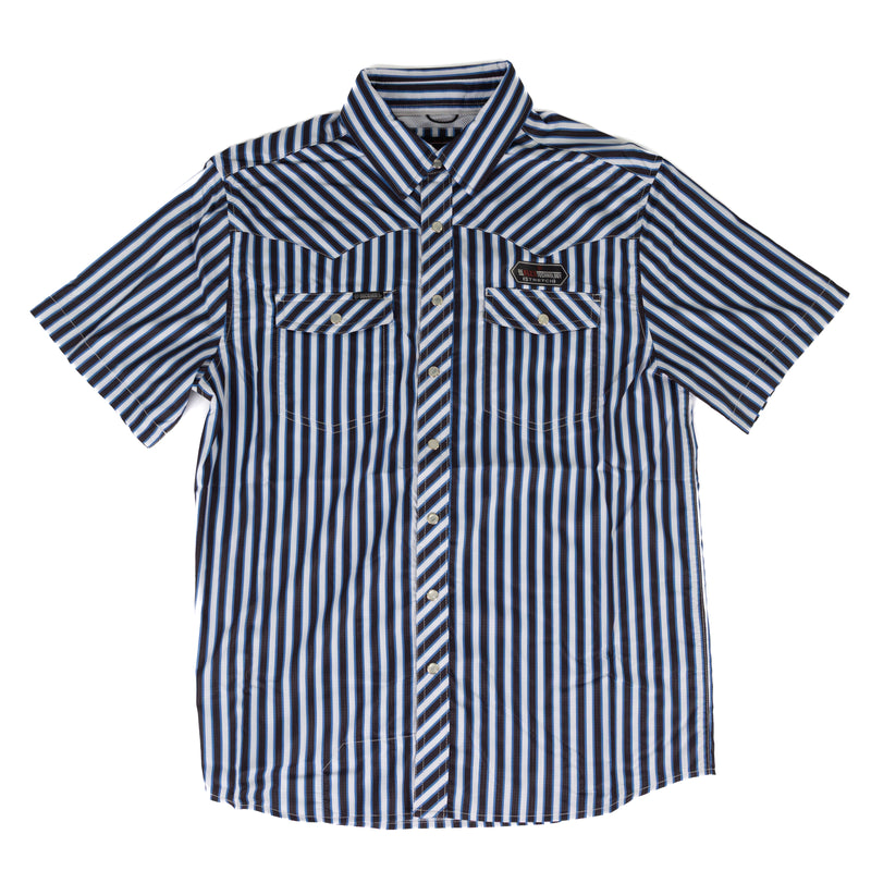 Rock and Roll Men's Short Sleeve Blue Striped Tek Snap Shirt BMN3S09454