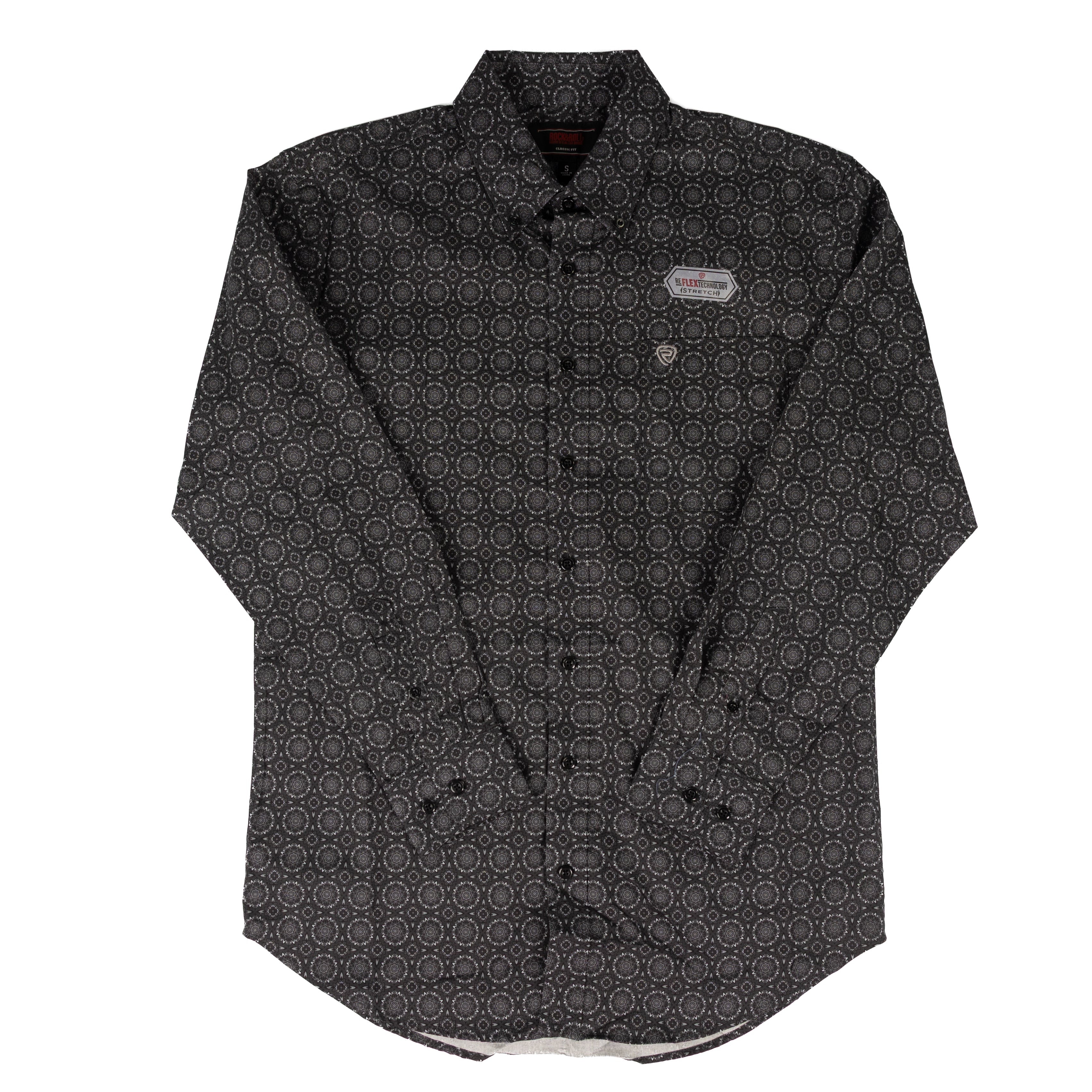 Rock and Roll Men's Long Sleeve Charcoal Medallion Printed Button Up BMB2S09422