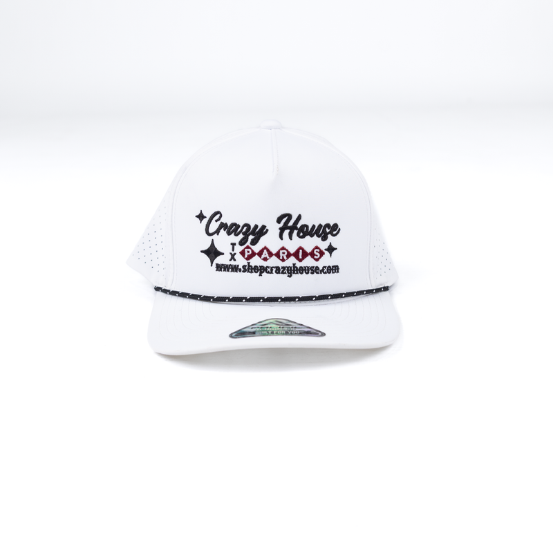 Crazy House White Cap with Black and Red Stitching 