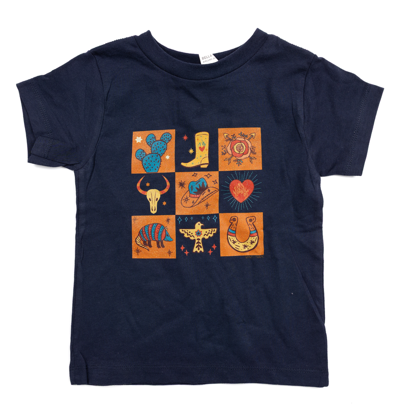Girl's Navy Western Boho Square Short Sleeve T-shirt