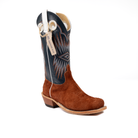 Brown cowboy boot with blue decorative side panel on a white background