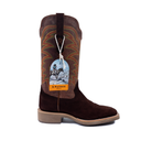 Brown cowboy boot with a brand tag on a white background
