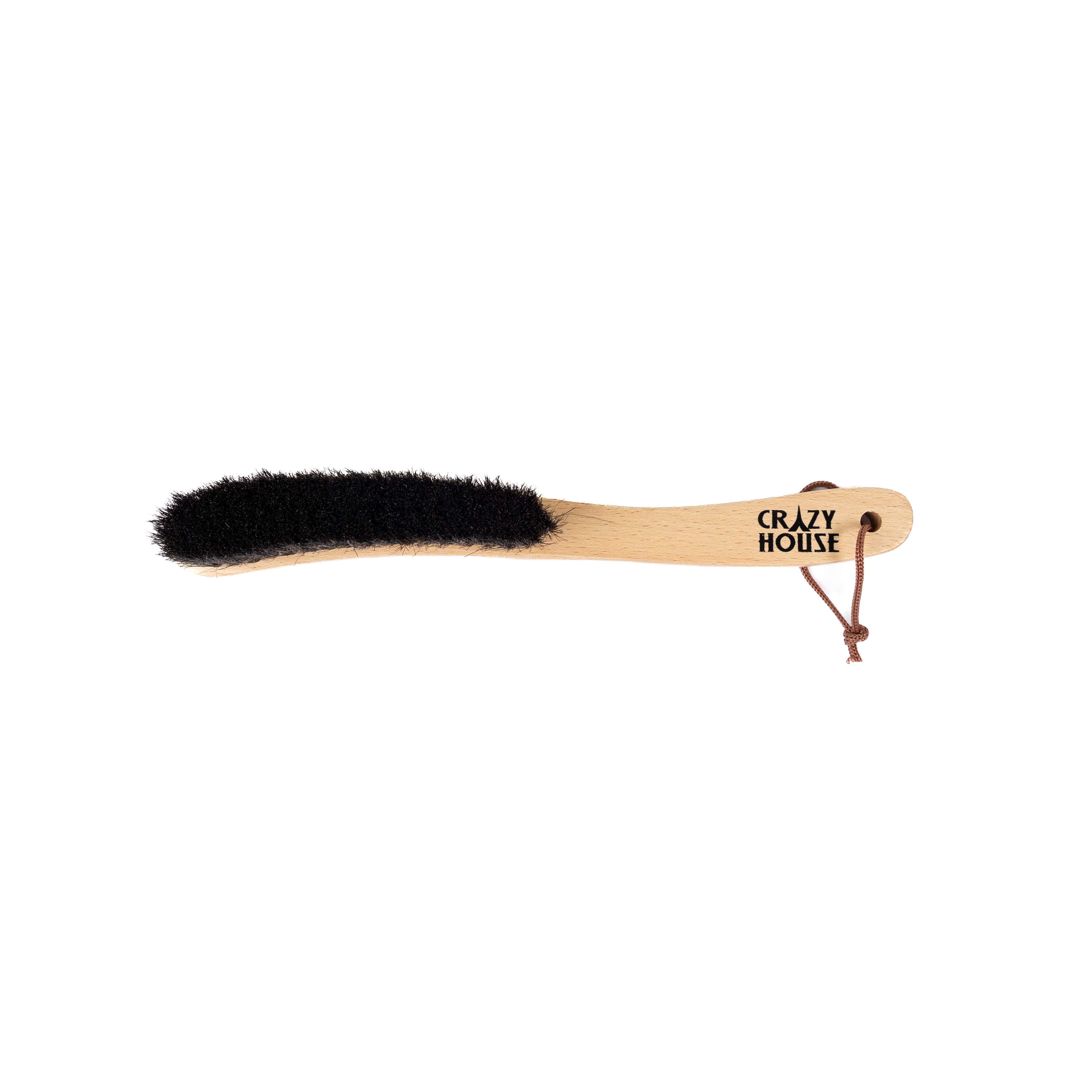 Wooden brush with black bristles on a white background, branded 'Crazy House'.