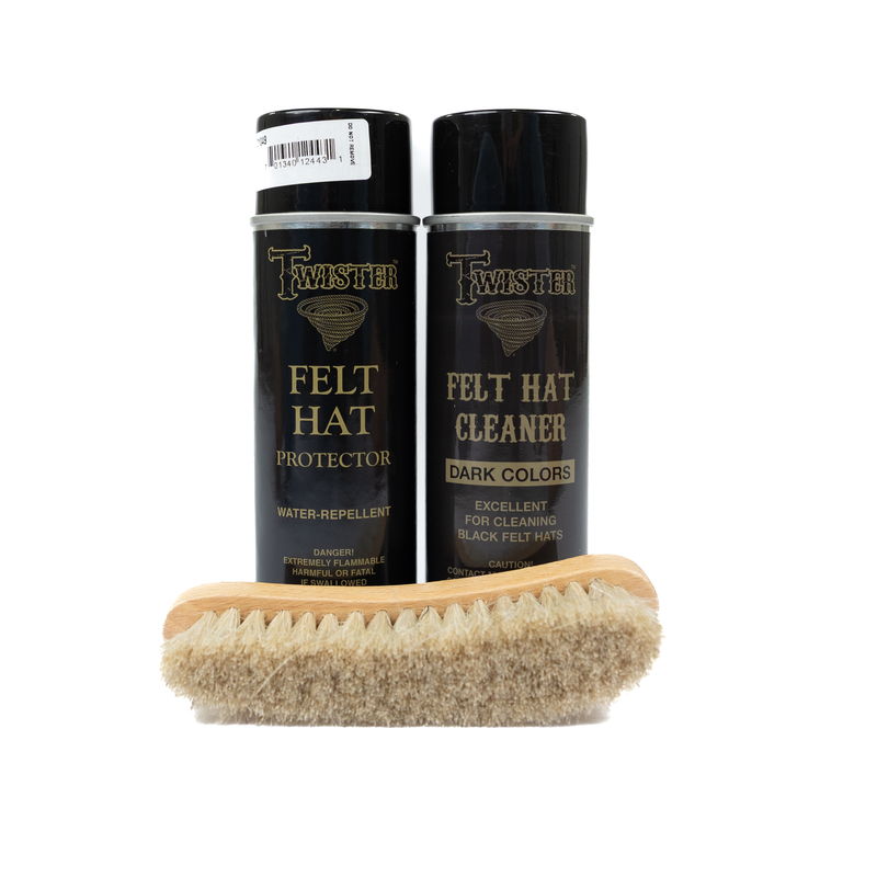 Two bottles of Twister Felt Hat Cleaner and a brush on a white background
