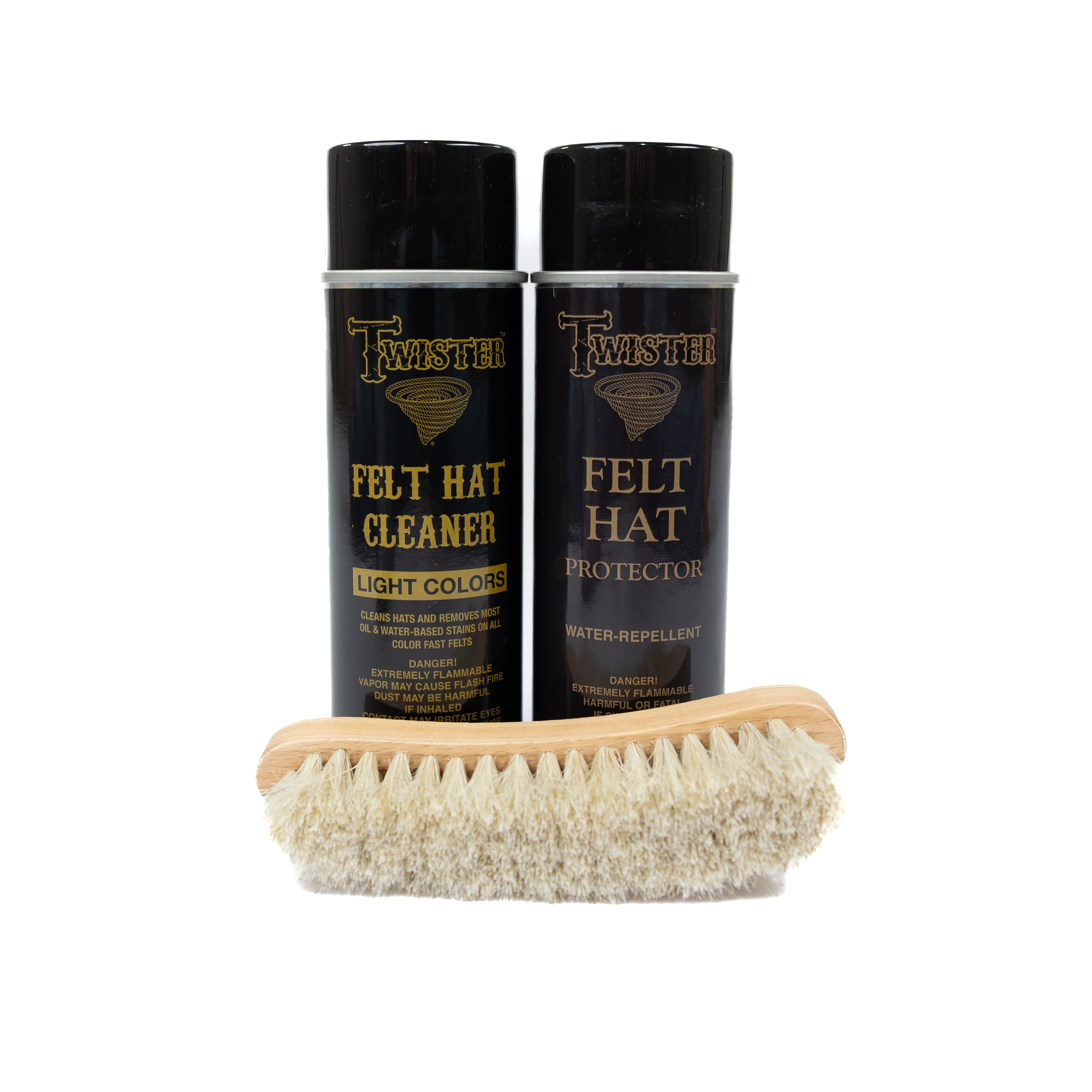 Two bottles of Twisted Felt Hat Care products with a brush on a white background