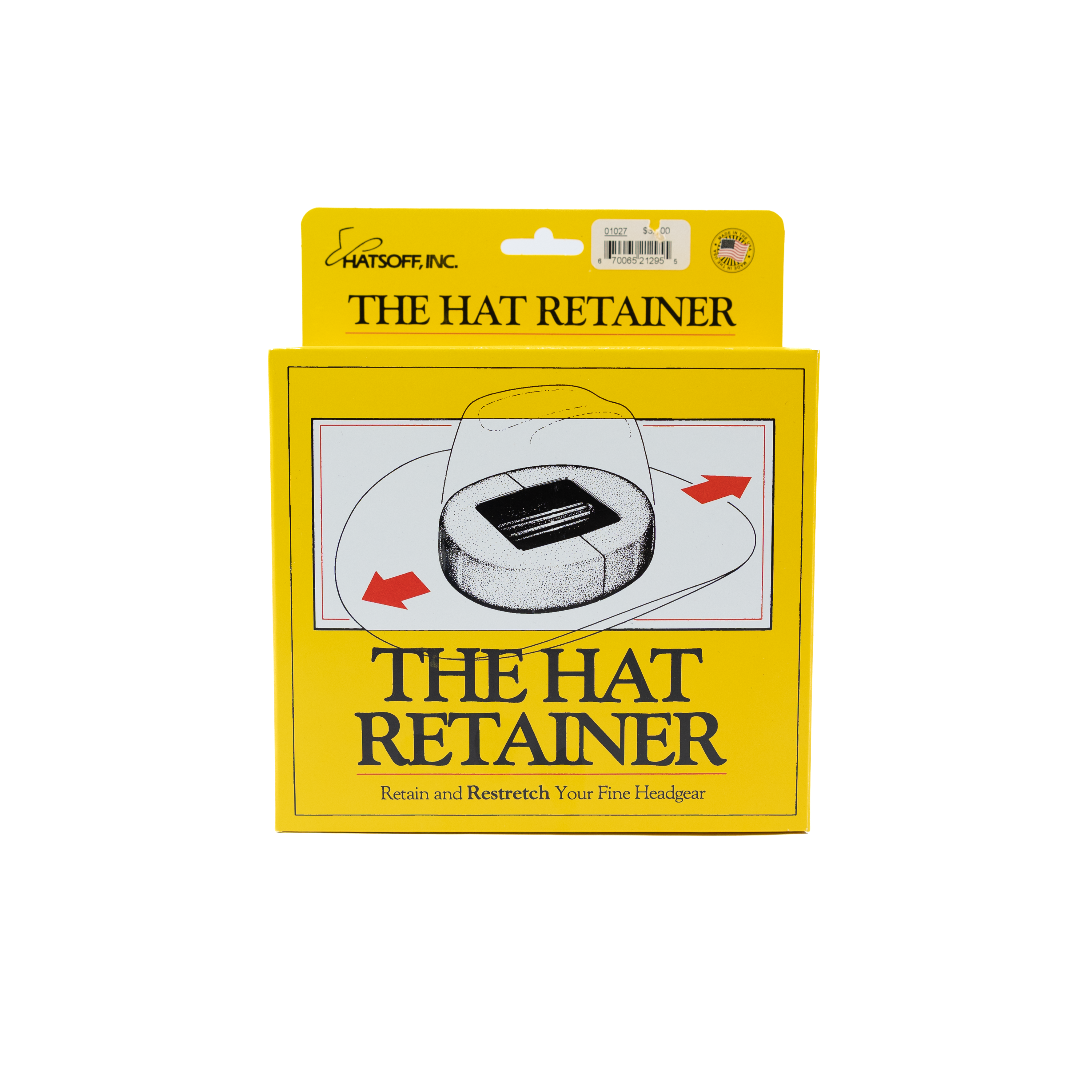 Yellow packaging of 'The Hat Retainer' with a diagram on a white background