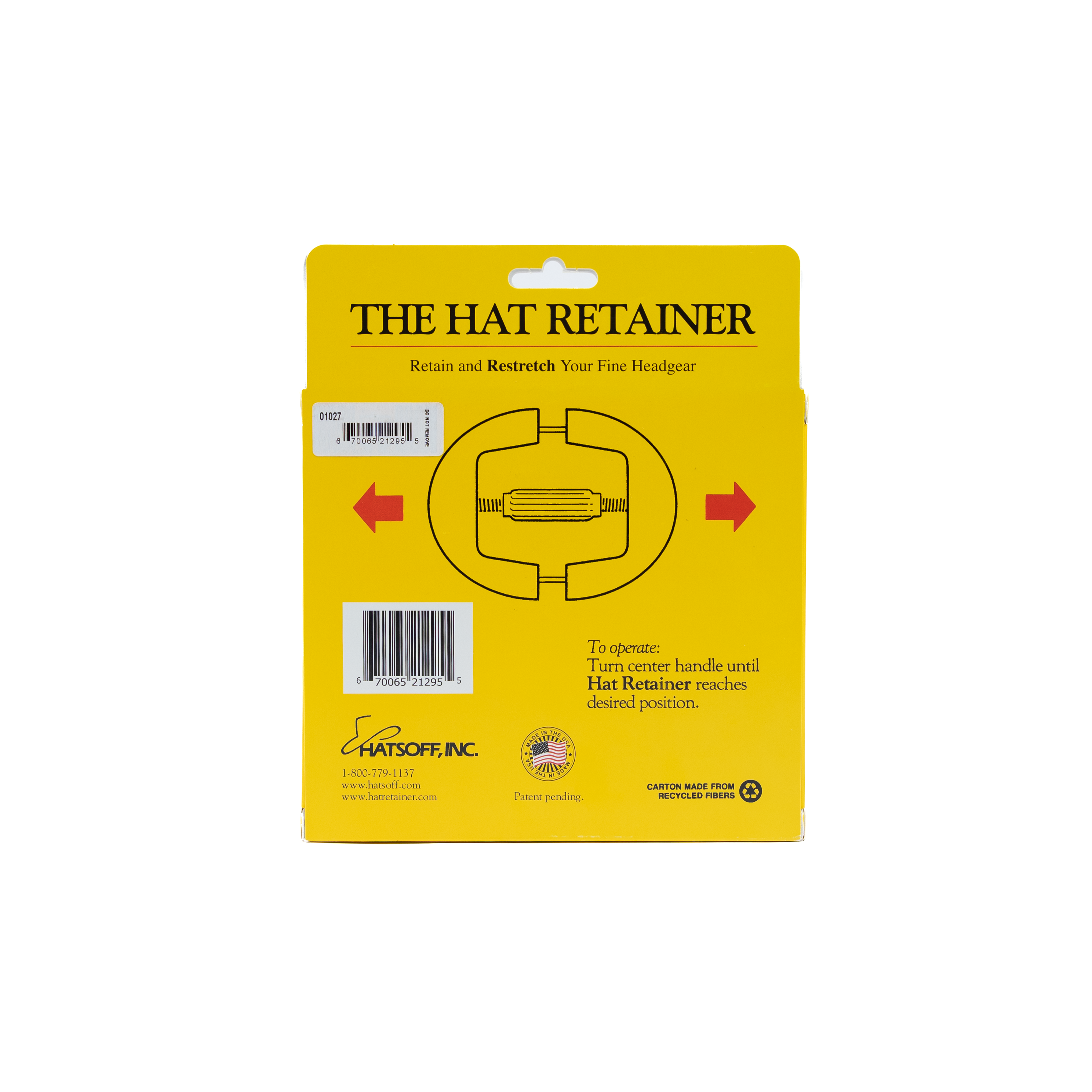 Yellow packaging of The Hat Retainer with text and graphics on a white background