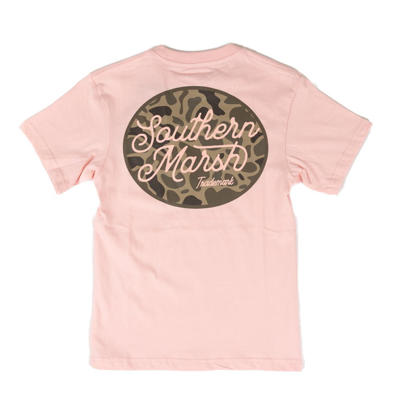 Southern Marsh Boy's Short Sleeve Pink T-shirt with Camo Logo YACGC-CAM