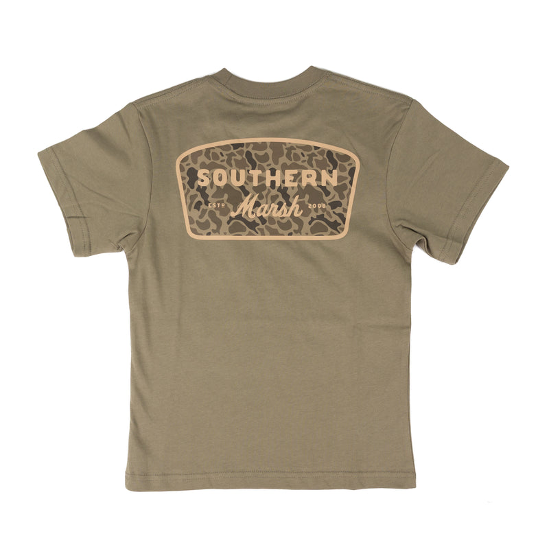 Southern Marsh Boy's Short Sleeve Olive Retro Camo Branding T-shirt YACMB-SWO