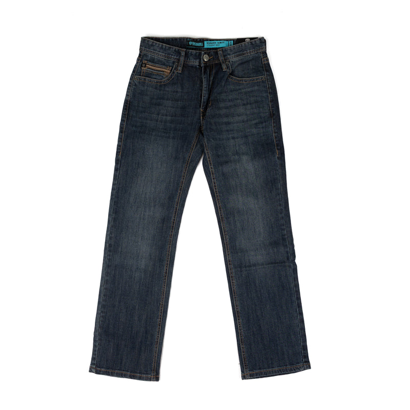 Rock and Roll Men's Mid Wash Pleather Embroidered Revolver Straight Bootcut Jeans BM1RD09810