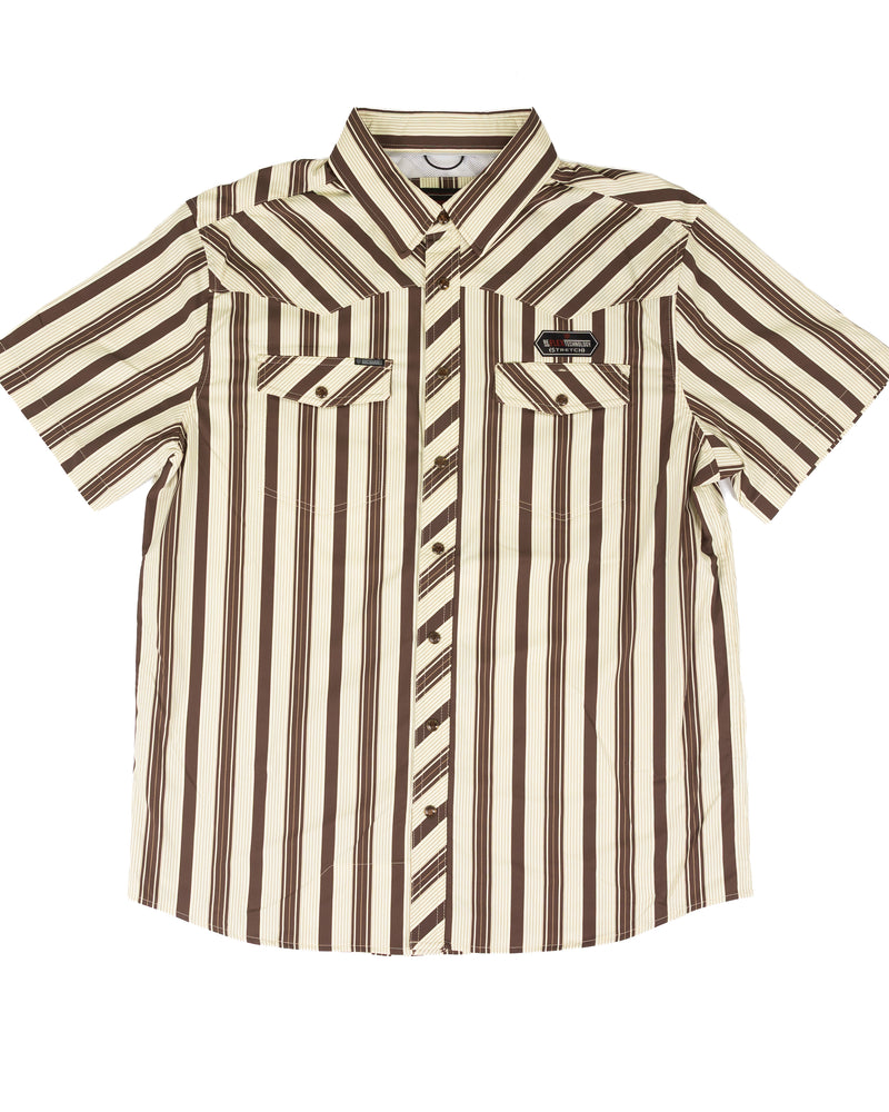 Rock and Roll Men's Short Sleeve Brown and Tan Striped Snap Shirt BMN3S10087