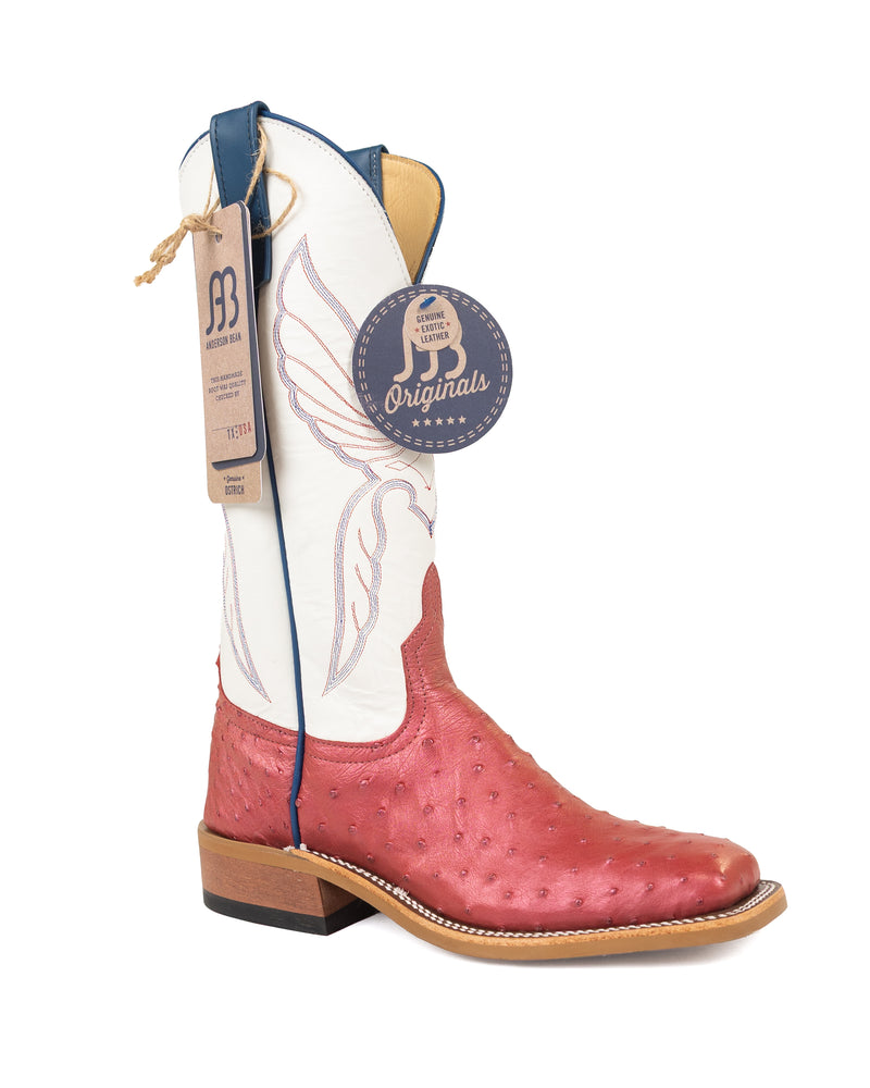 Anderson Bean Red Flame Full Quill Ostrich Square Toe Boots