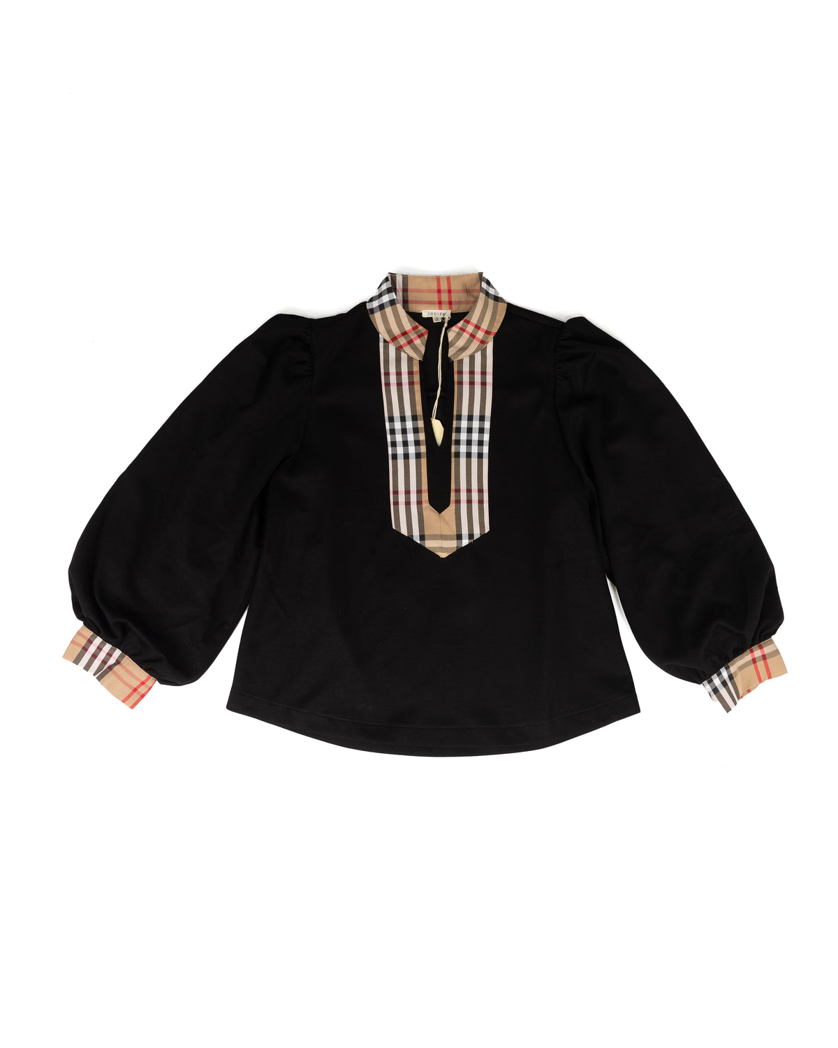 Jodifl Women's Black Plaid Contrast Mock Neck Solid Top 