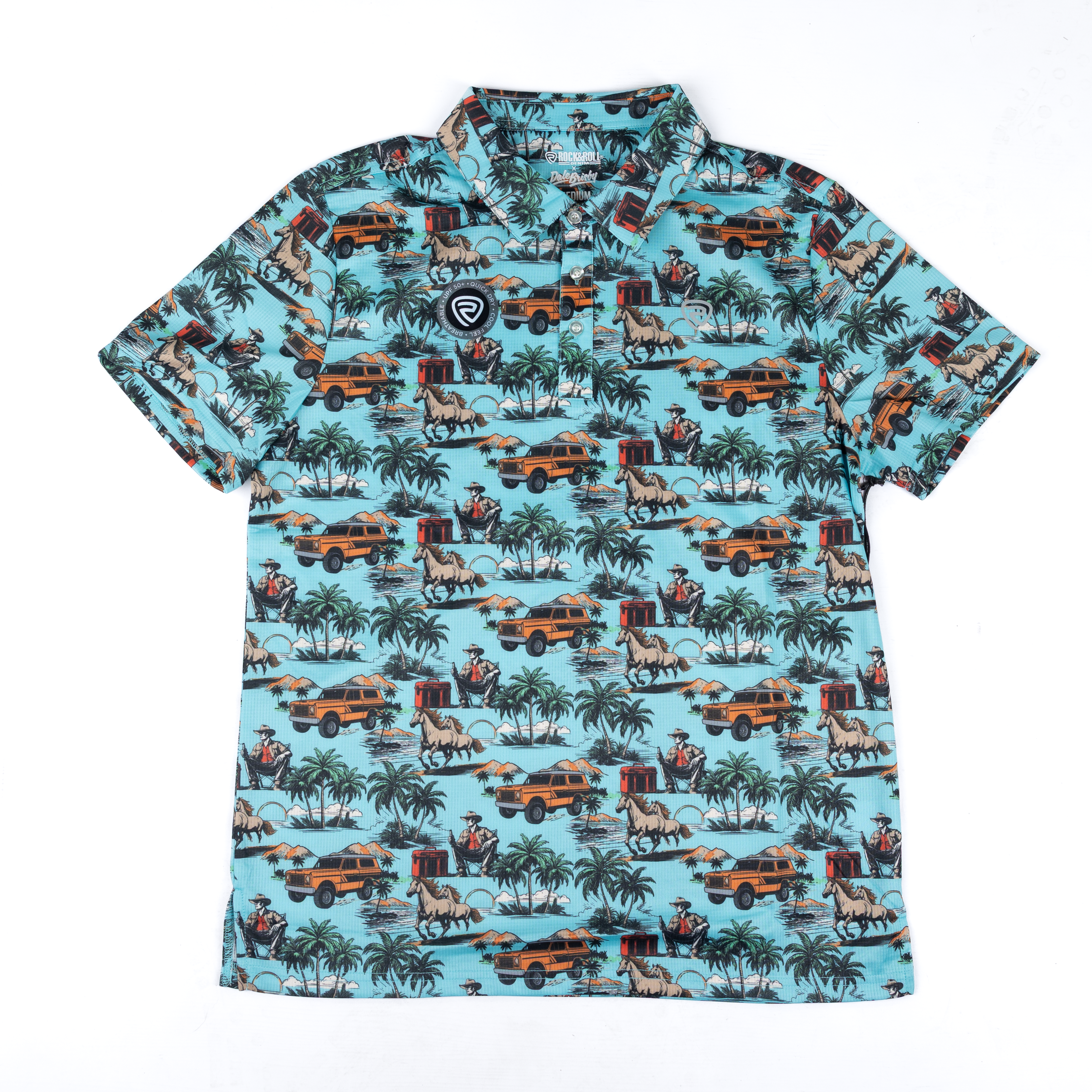 Men's Rock and Roll Short Sleeve Turquoise Novelty Printed Polo BM51T08736