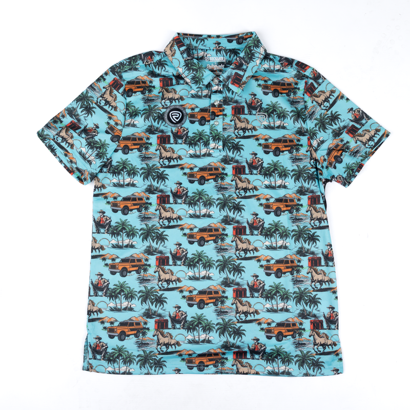 Men's Rock and Roll Short Sleeve Turquoise Novelty Printed Polo BM51T08736