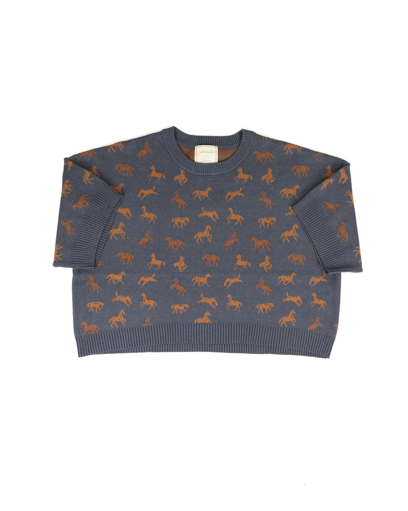 Women's Navy and Brown Sweater with Horses All Over 