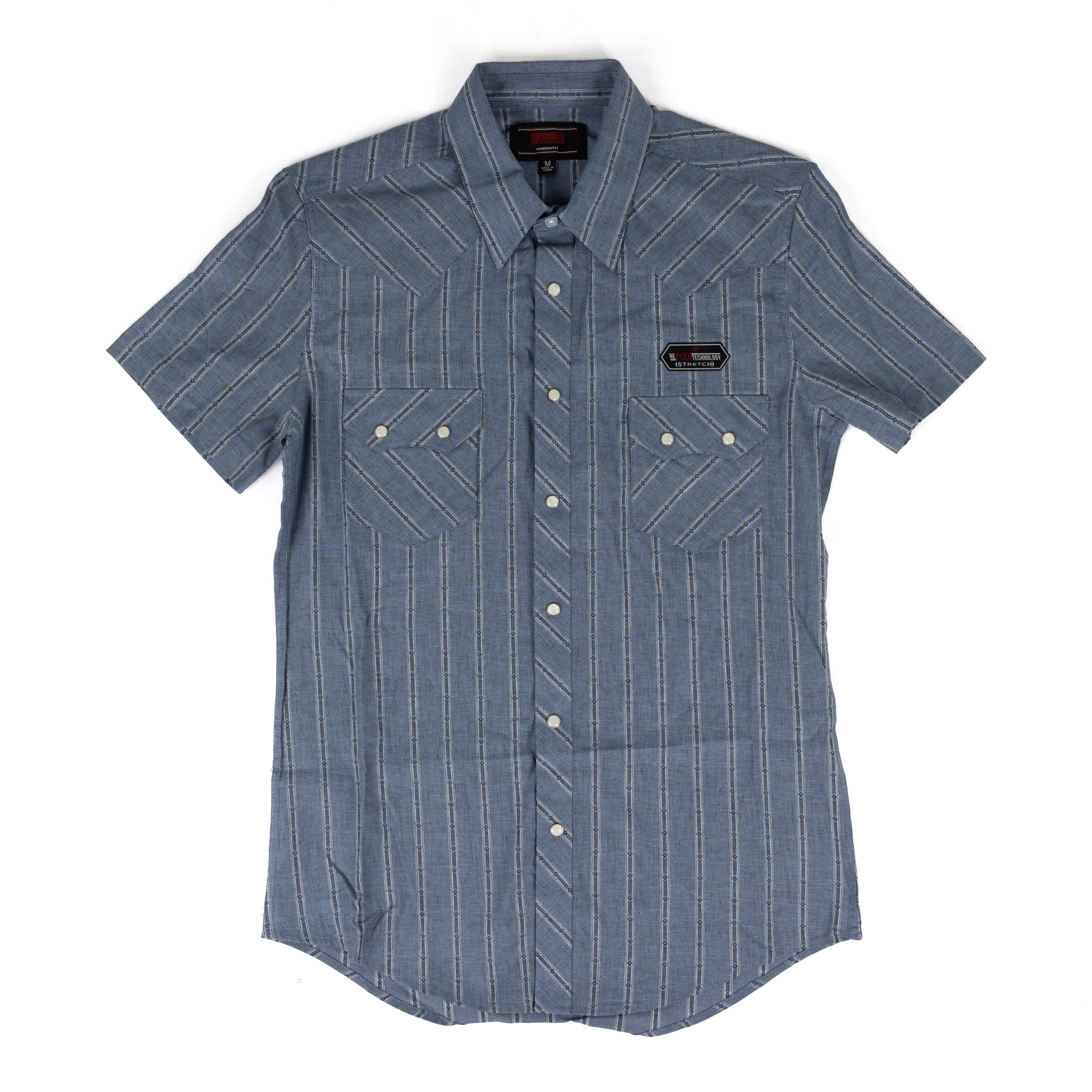 Rock and Roll Men's Dobby Blue Yarn Dye Short Sleeve Snap Shirt BMN3S09434
