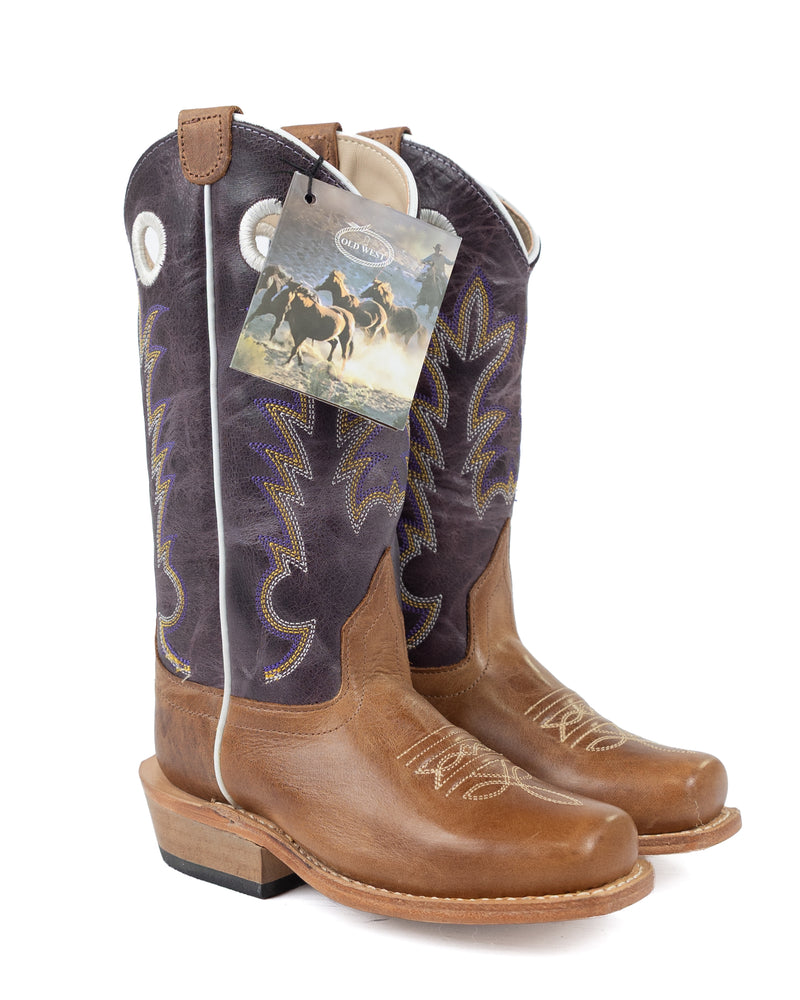 Old West Children's Brown Square Toe Boots with Purple Top 8211
