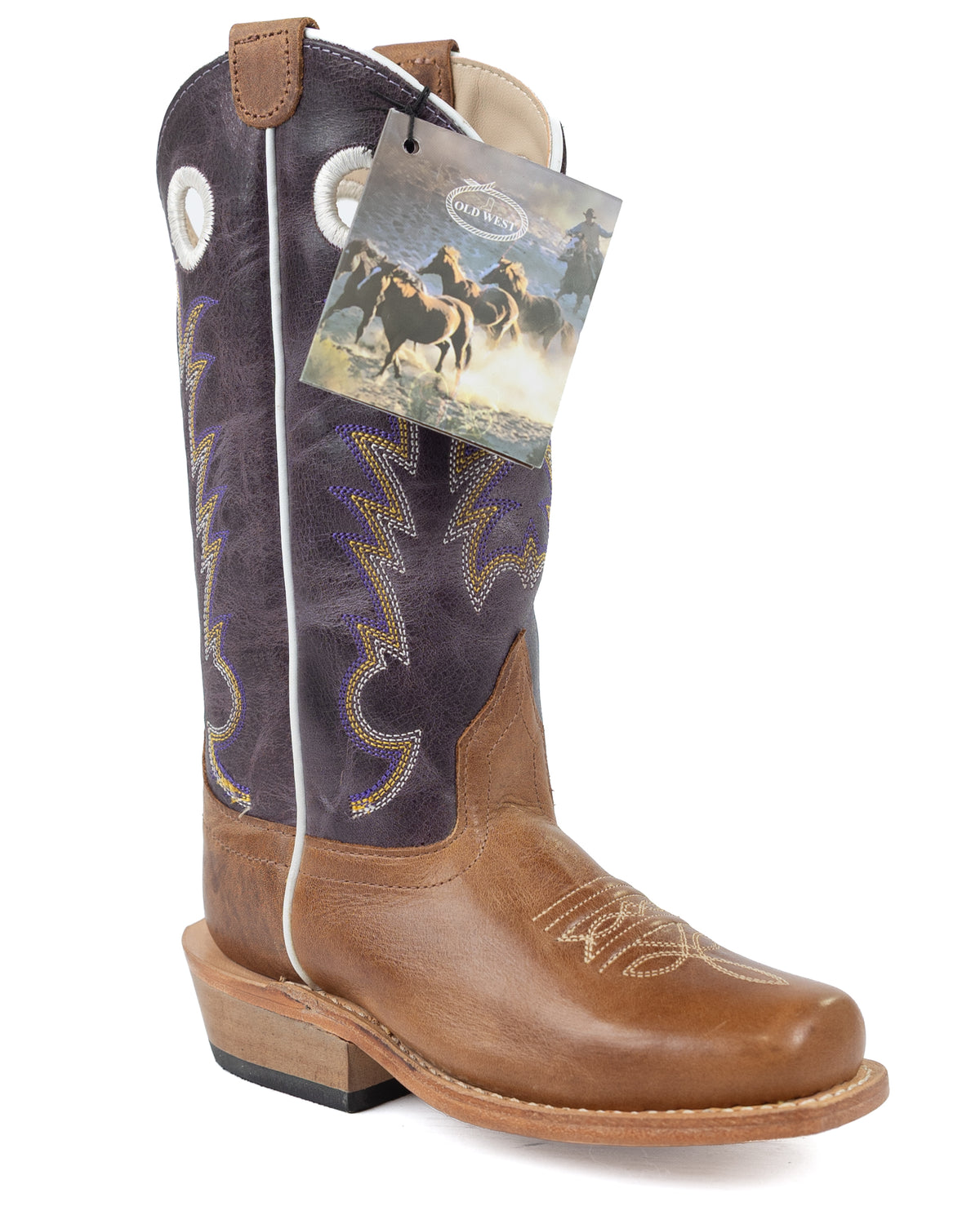 Old West Children's Brown Square Toe Boots with Purple Top 8211