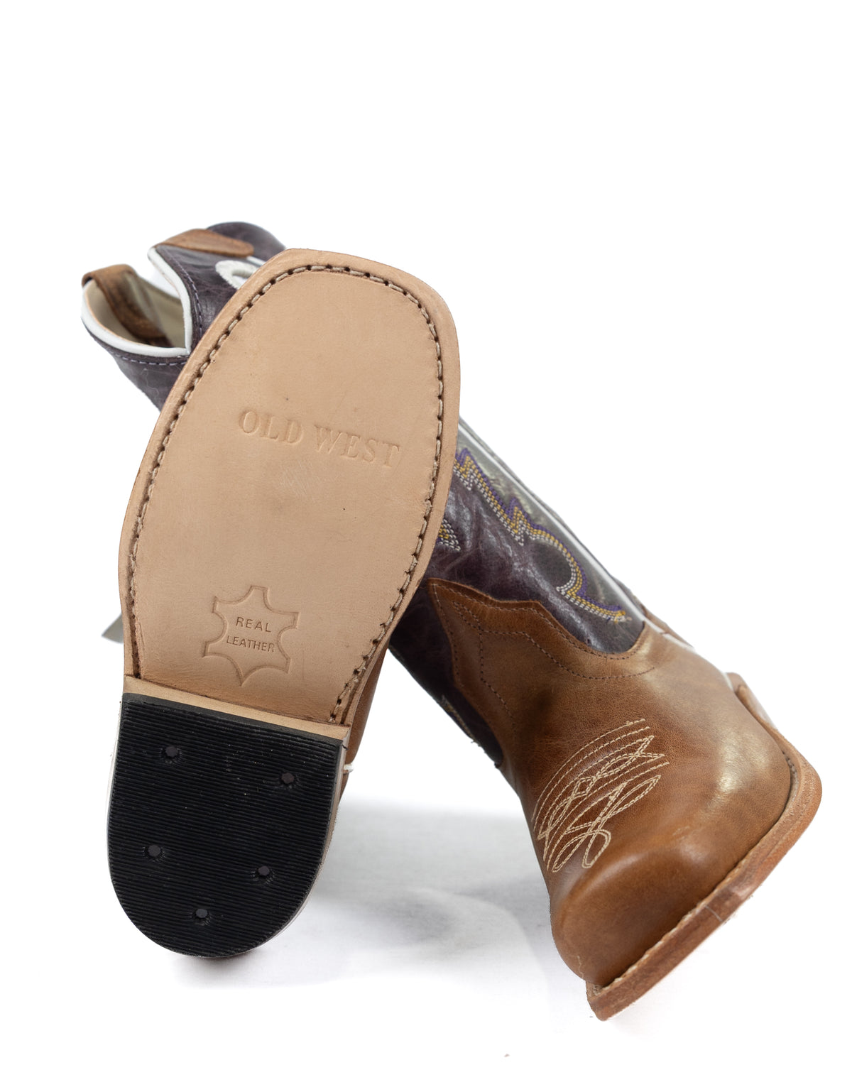 Old West Children's Brown Square Toe Boots with Purple Top 8211